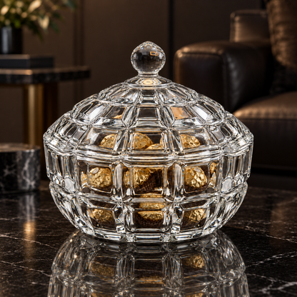 Block cut glass candy bowl with chocolates in a living room