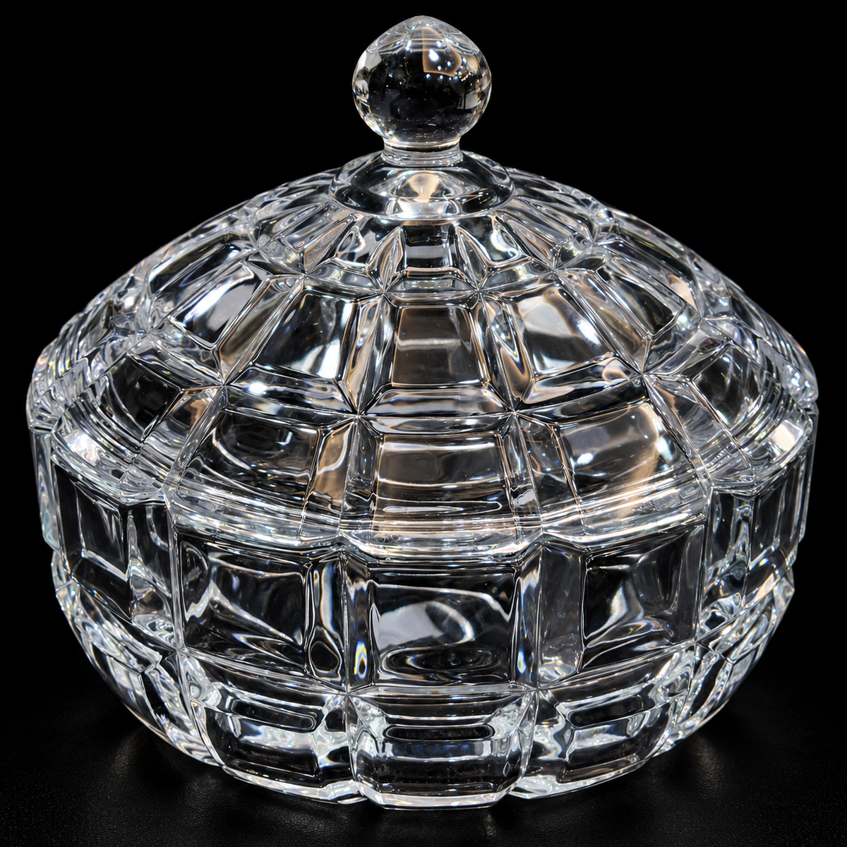 Block cut glass candy bowl close-up