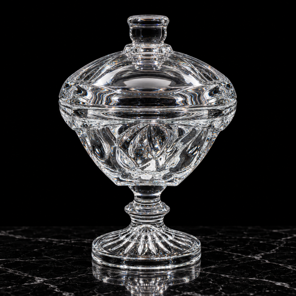 Crystal candy bowl with lid on black marble