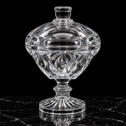 Crystal candy bowl with lid on black marble