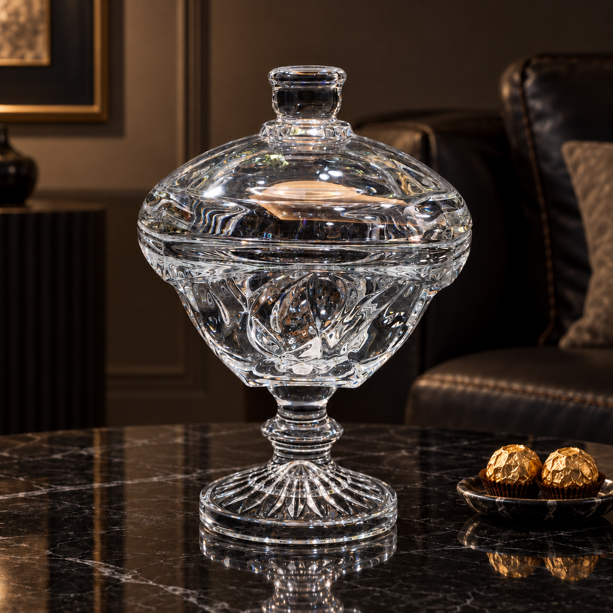 Crystal candy bowl with lid in a living room with chocolates