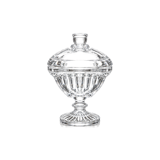 Crystal candy bowl with lid and vertical flute cuts on white