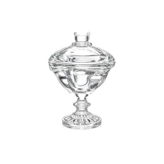 Crystal candy bowl with lid and wavy glass body on white