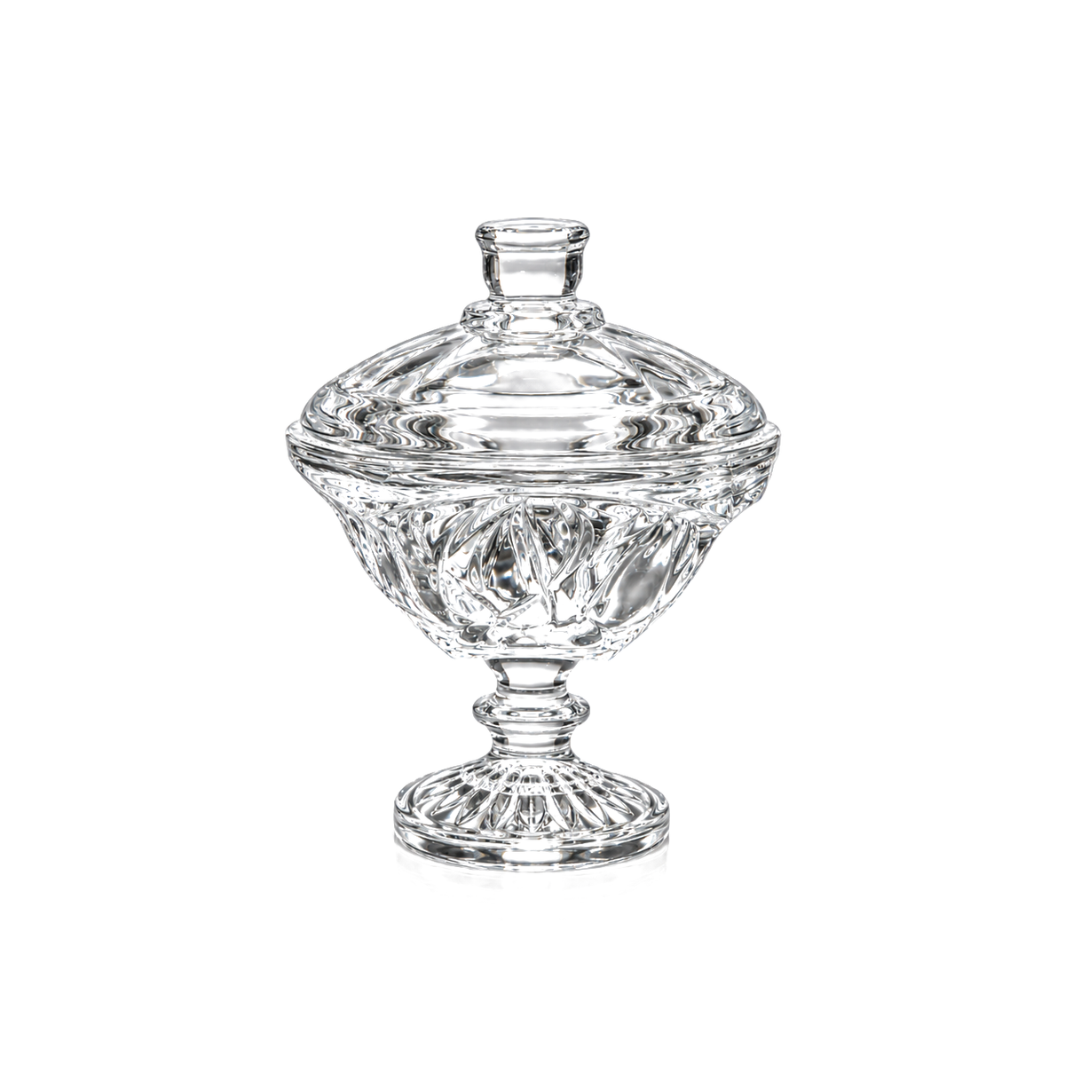 Crystal candy bowl with lid and swirl cuts on white