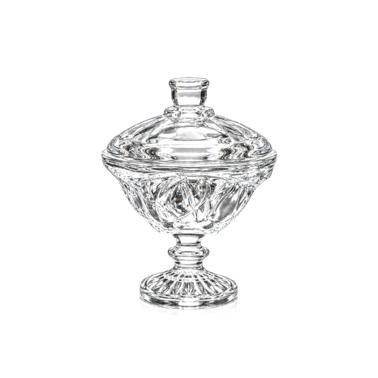 Crystal candy bowl with lid and swirl cuts on white