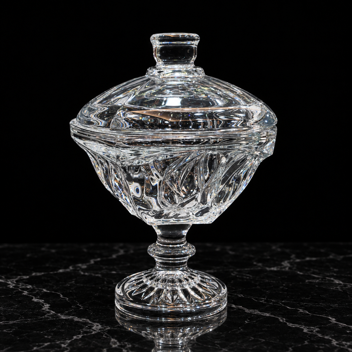 Crystal candy bowl with lid on black marble