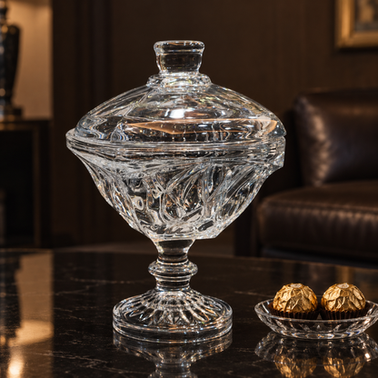 Crystal candy bowl with lid in a living room with chocolates