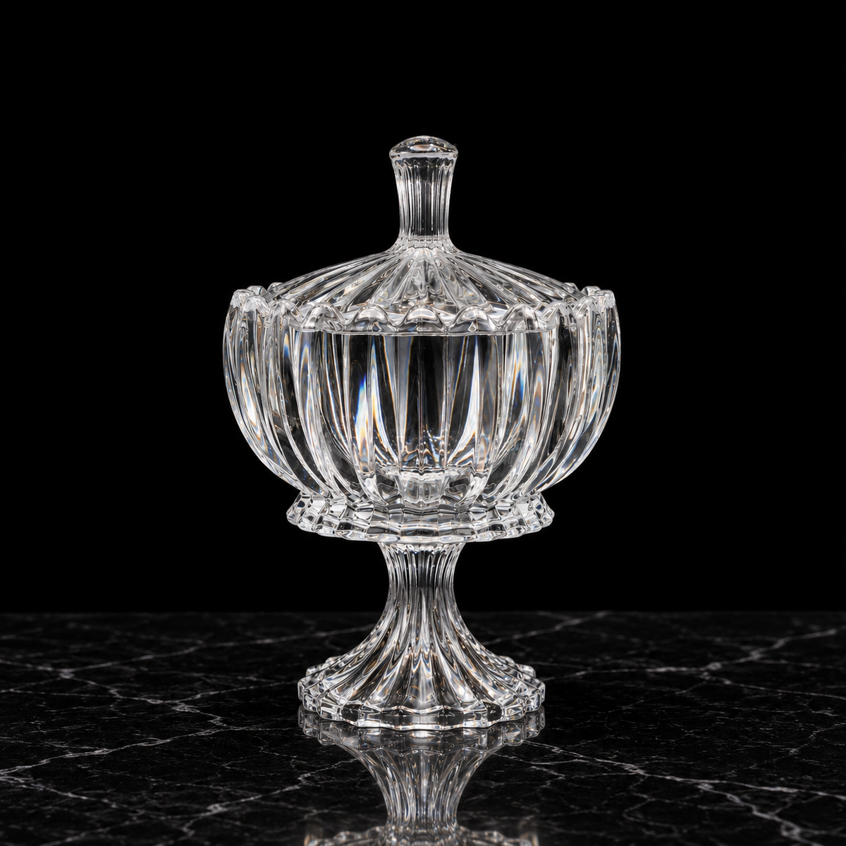 B-182 crystal pedestal candy bowl on black marble