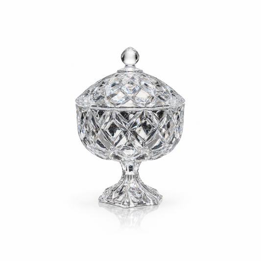 B-185 cut crystal pedestal candy bowl with lid on white