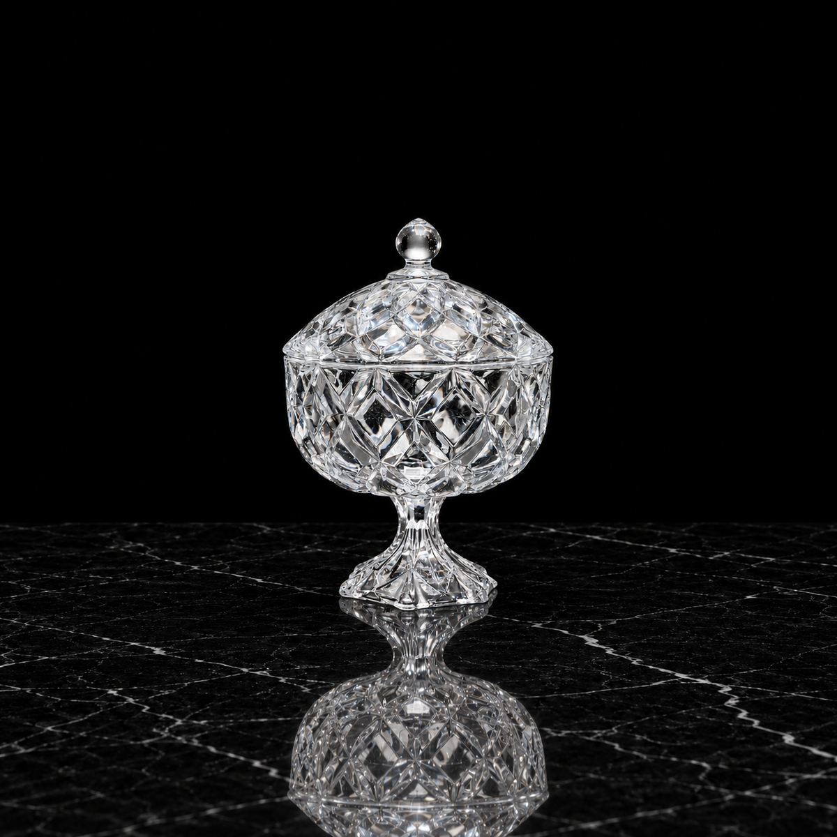 B-185 crystal candy bowl on black marble