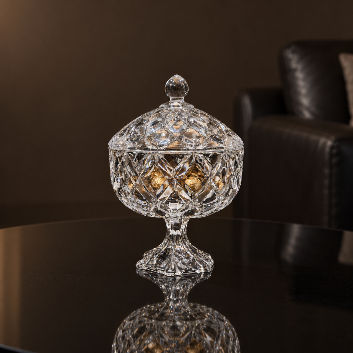 B-185 crystal candy bowl with chocolates in a living room setting