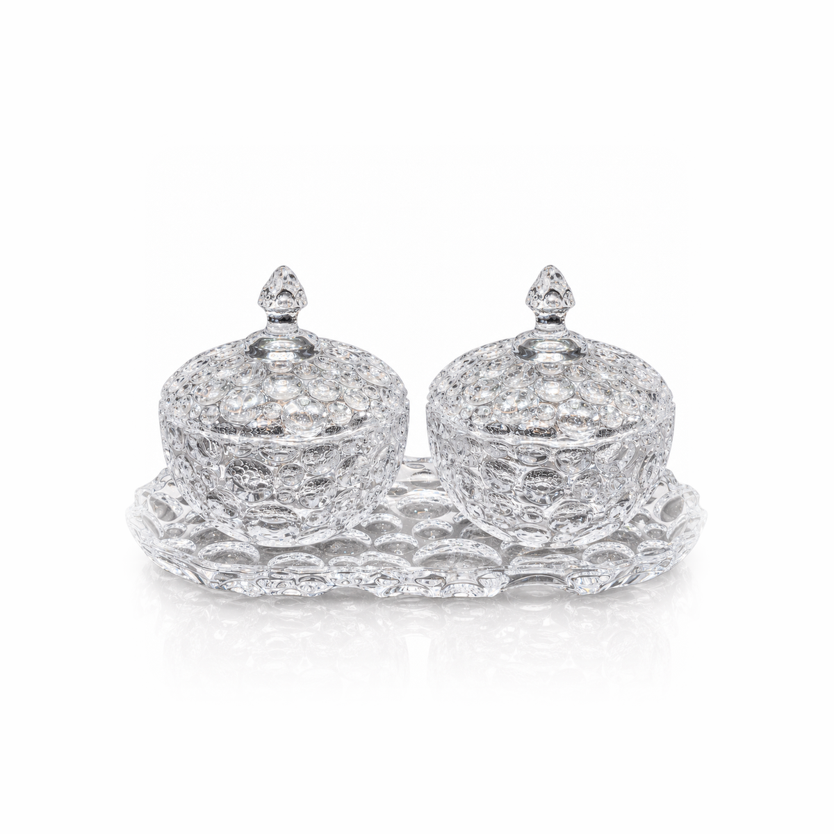 B-203 candy set: two lidded bowls on oval crystal tray
