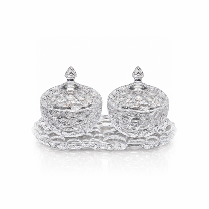 B-203 candy set: two lidded bowls on oval crystal tray