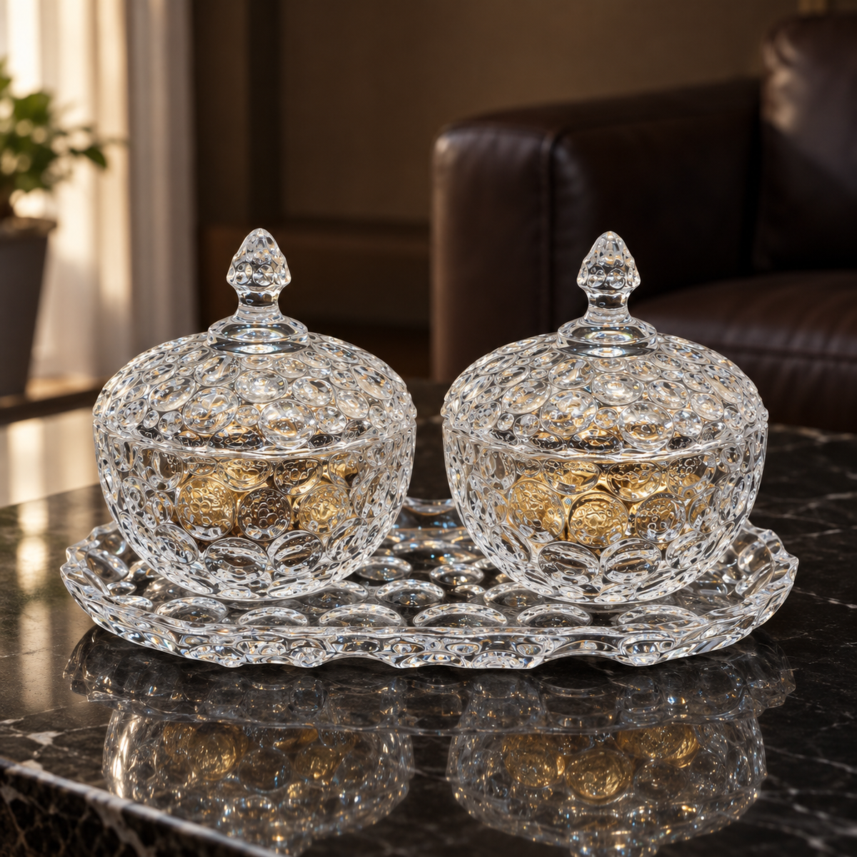 B-203 candy bowl set with gold-wrapped chocolates in a living room