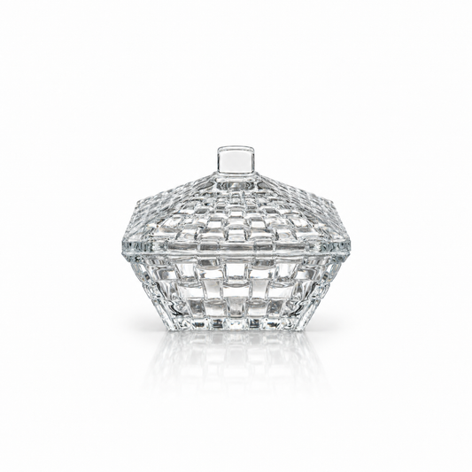 Square basket-weave glass candy box with lid on white