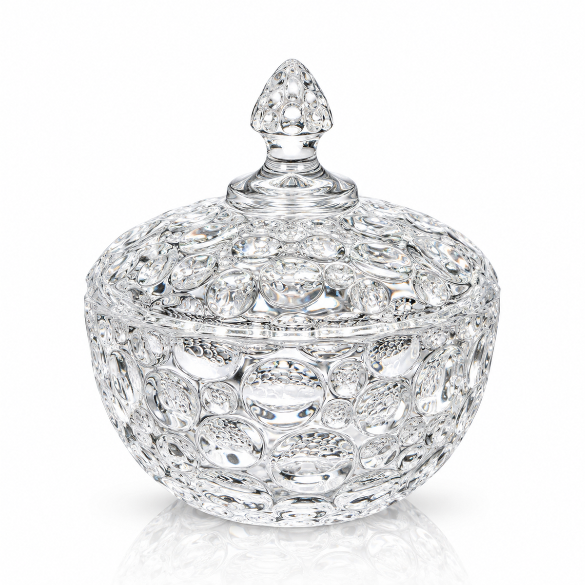 Large bubble glass candy bowl with lid on white