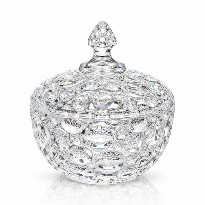 Large bubble glass candy bowl with lid on white