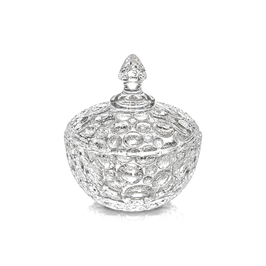 Large bubble glass candy bowl with lid on white