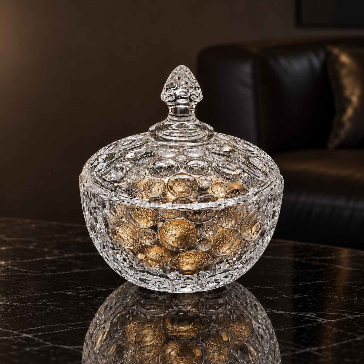 Large bubble glass candy bowl with chocolates in a living room