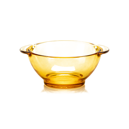 Amber glass mini bowl with tab handles on white