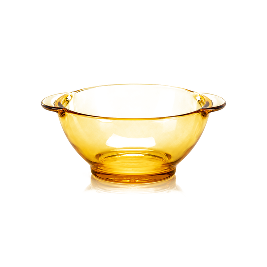 Amber glass mini bowl with tab handles on white