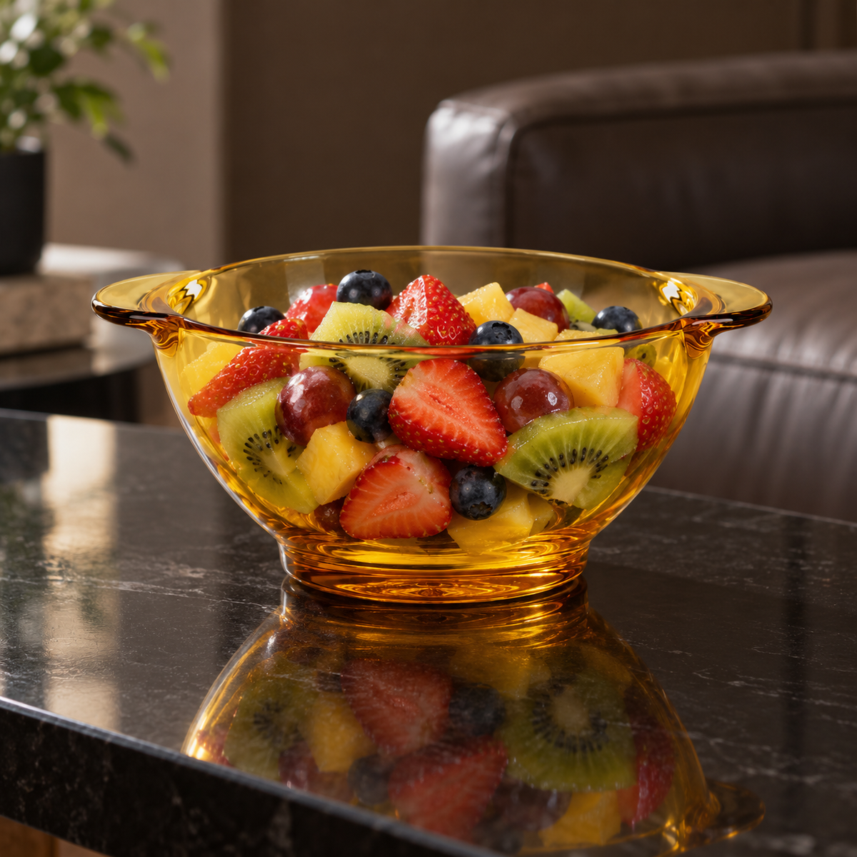 Amber glass bowl with fruit salad on a black table
