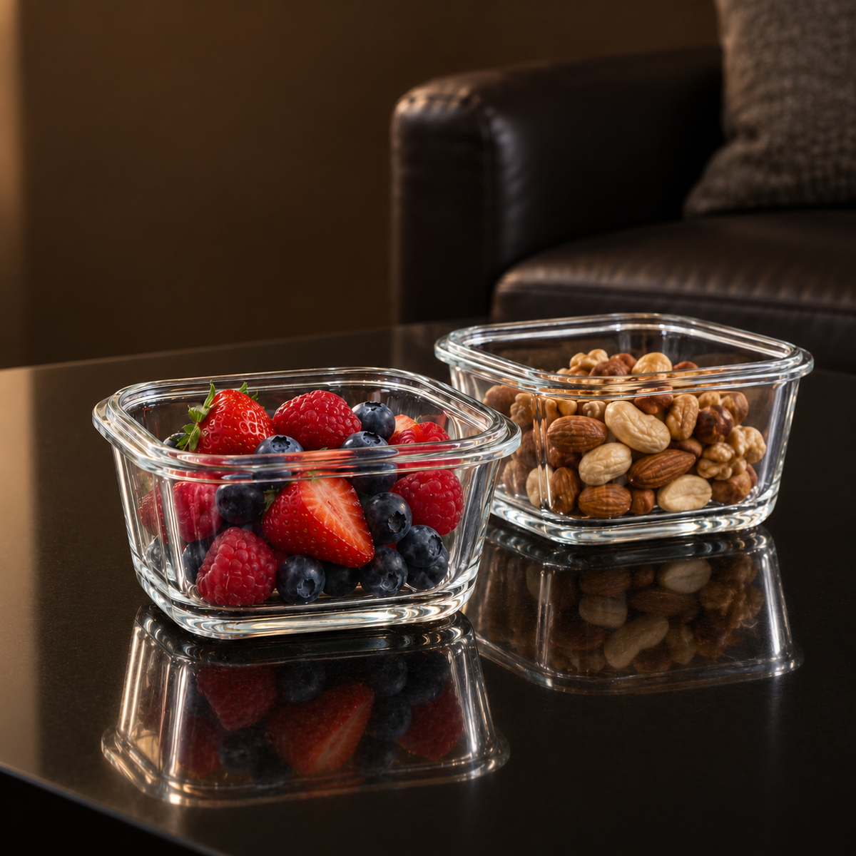 Square glass dishes with berries and nuts on a black table