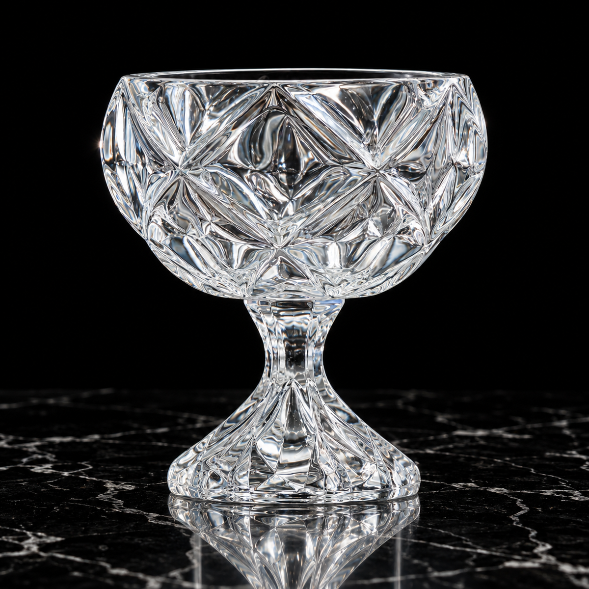 Crystal footed fruit bowl on black marble
