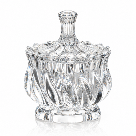 Swirl tulip glass sugar jar with lid on white