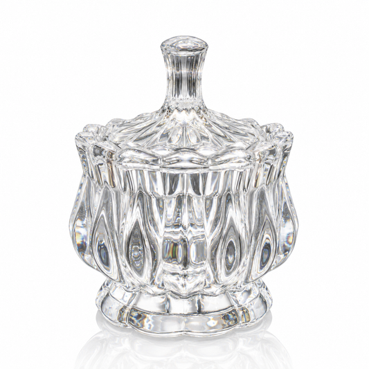 Tulip glass sugar jar with lid on white