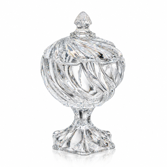 Swirl crystal candy bowl with lid on pedestal on white