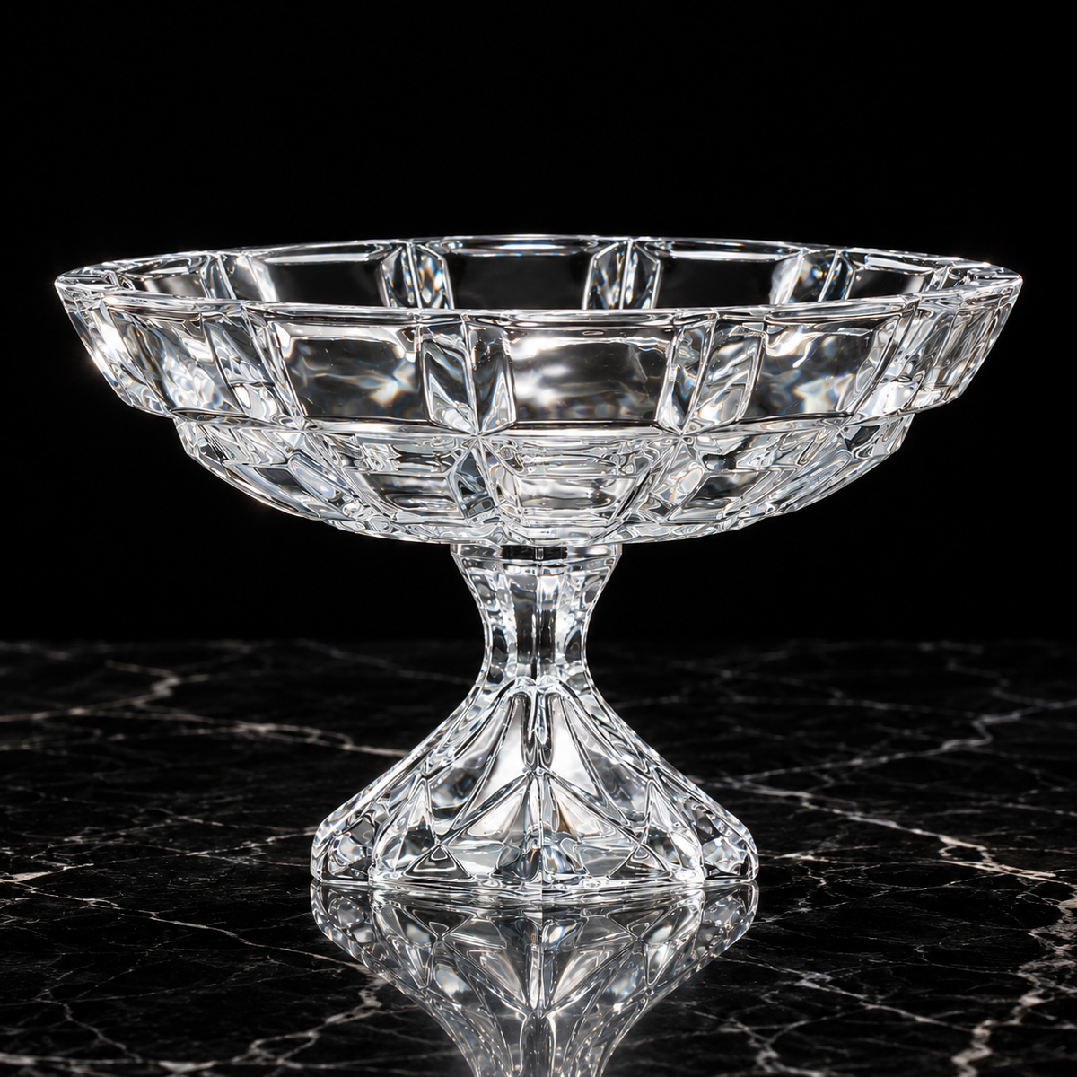 Crystal footed fruit bowl on black marble