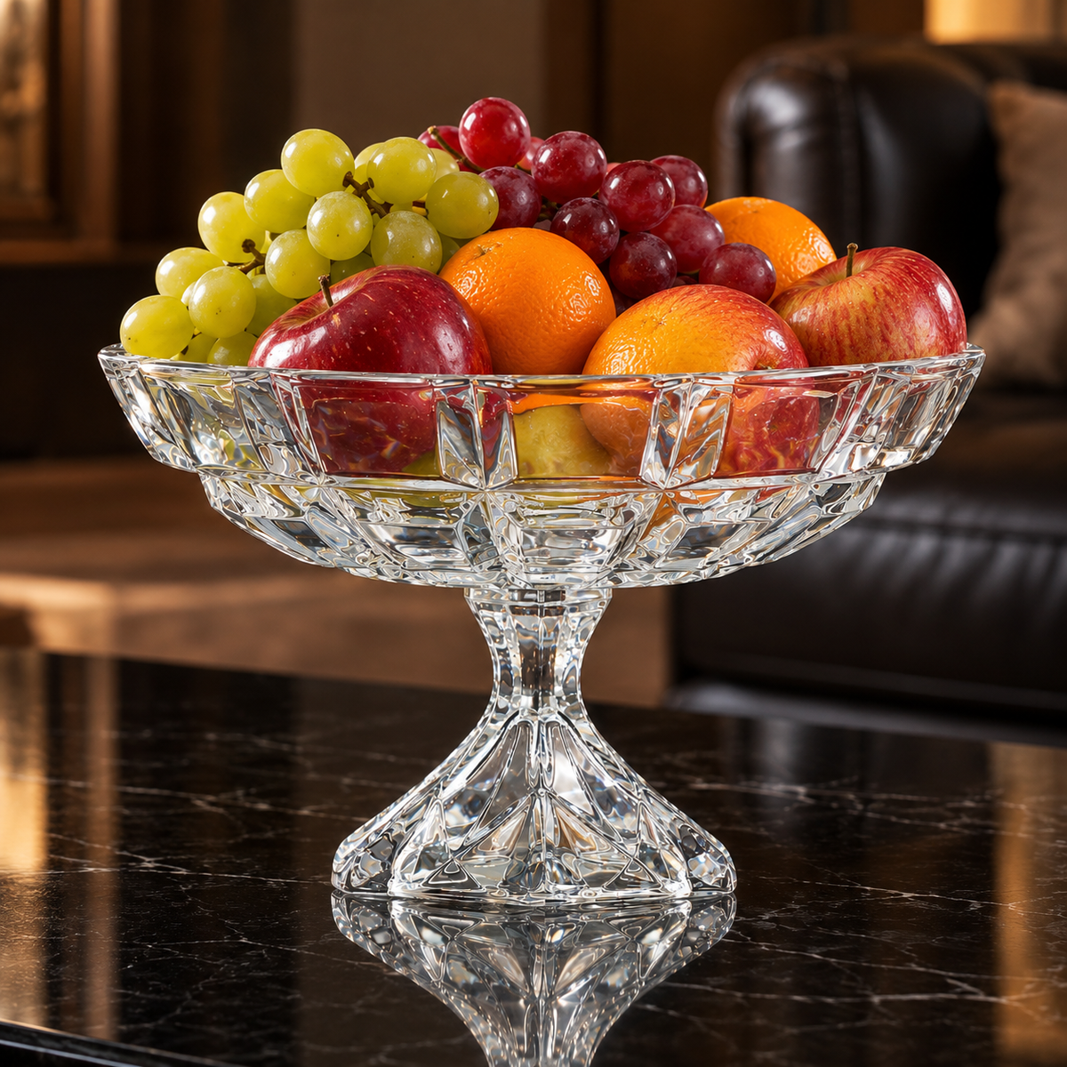 Crystal footed fruit bowl in a living room