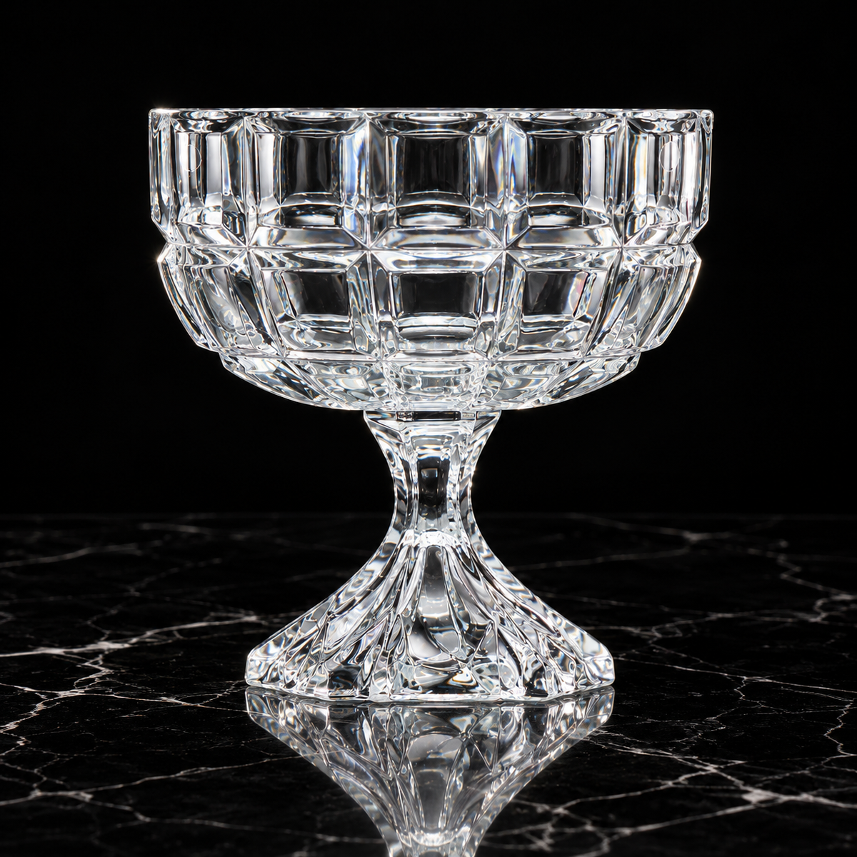 Crystal footed fruit bowl on black marble