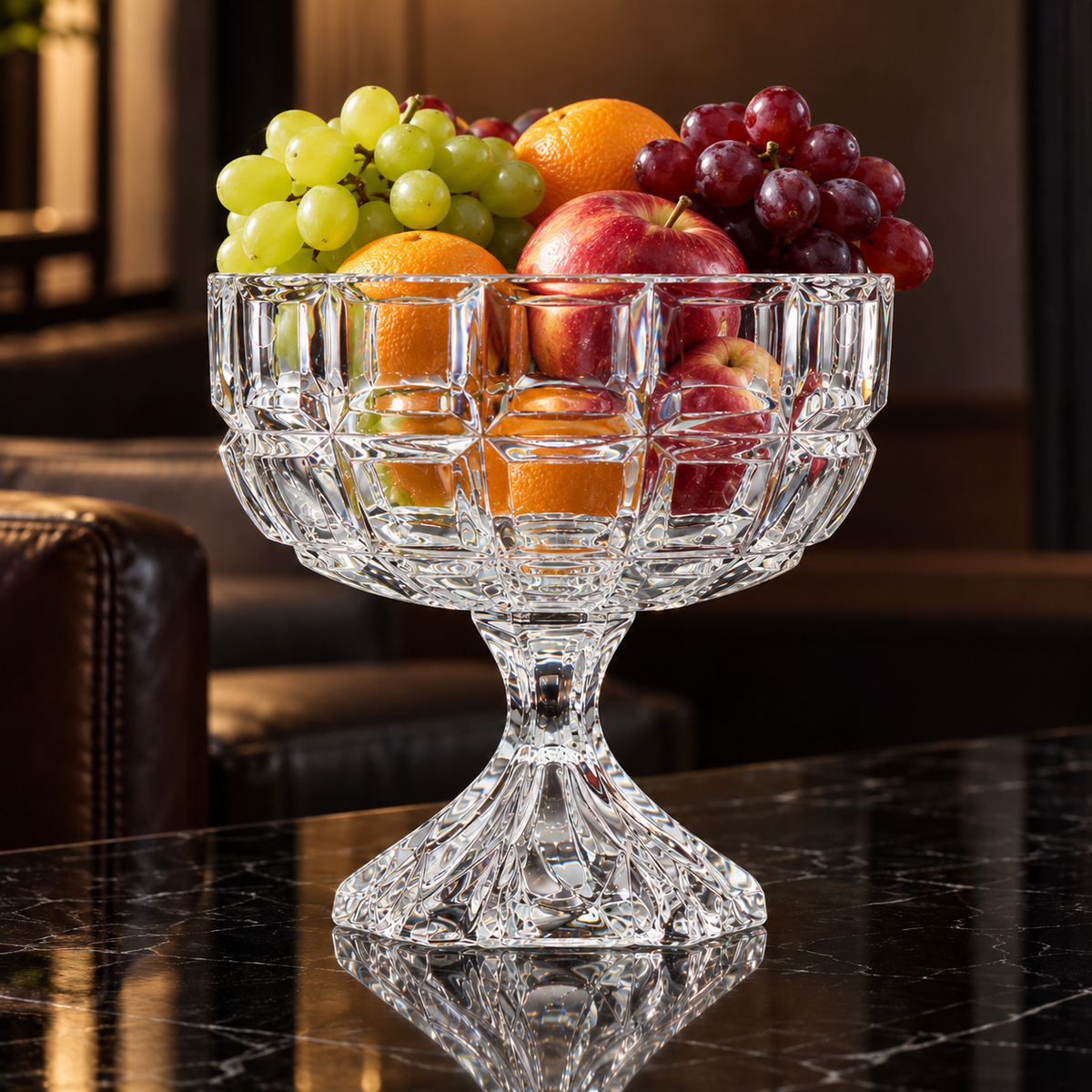 Crystal footed fruit bowl in a living room