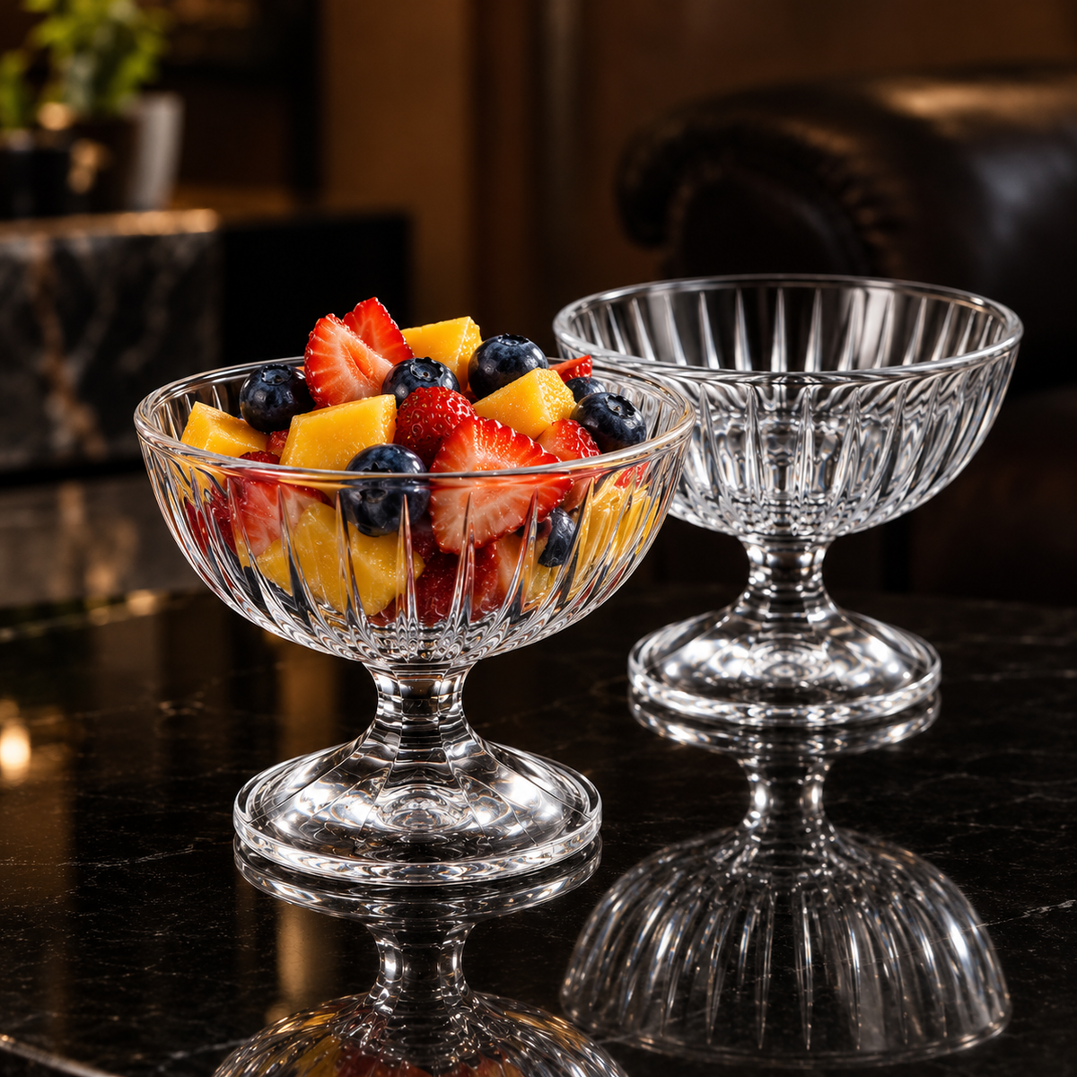 Ice cream bowl with fruit salad in living room