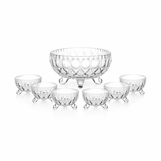7-piece teardrop-cut glass footed bowl set on white