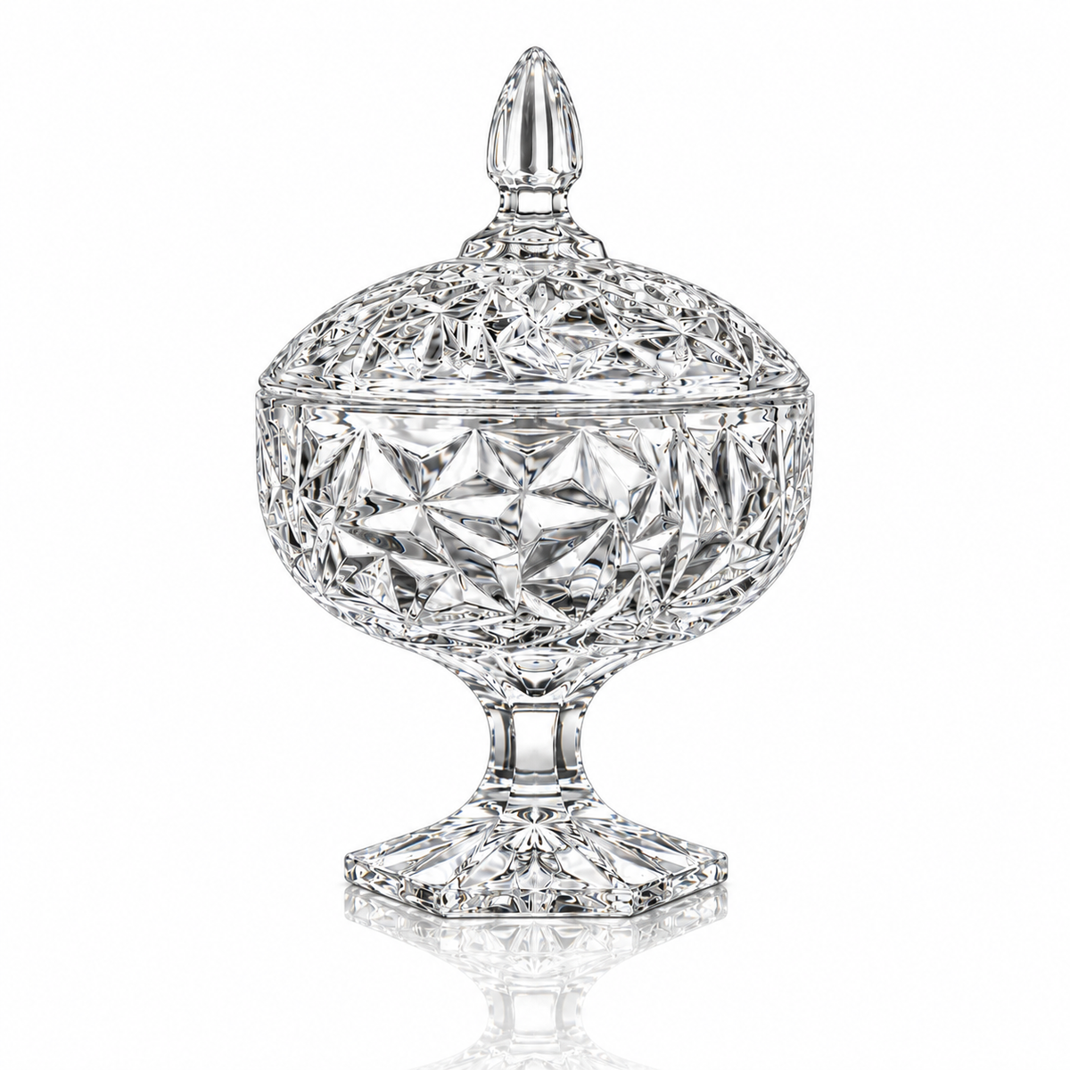B-504 crystal candy bowl with lid, star-cut, on white