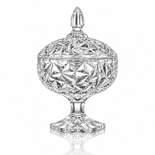 B-504 crystal candy bowl with lid, star-cut, on white