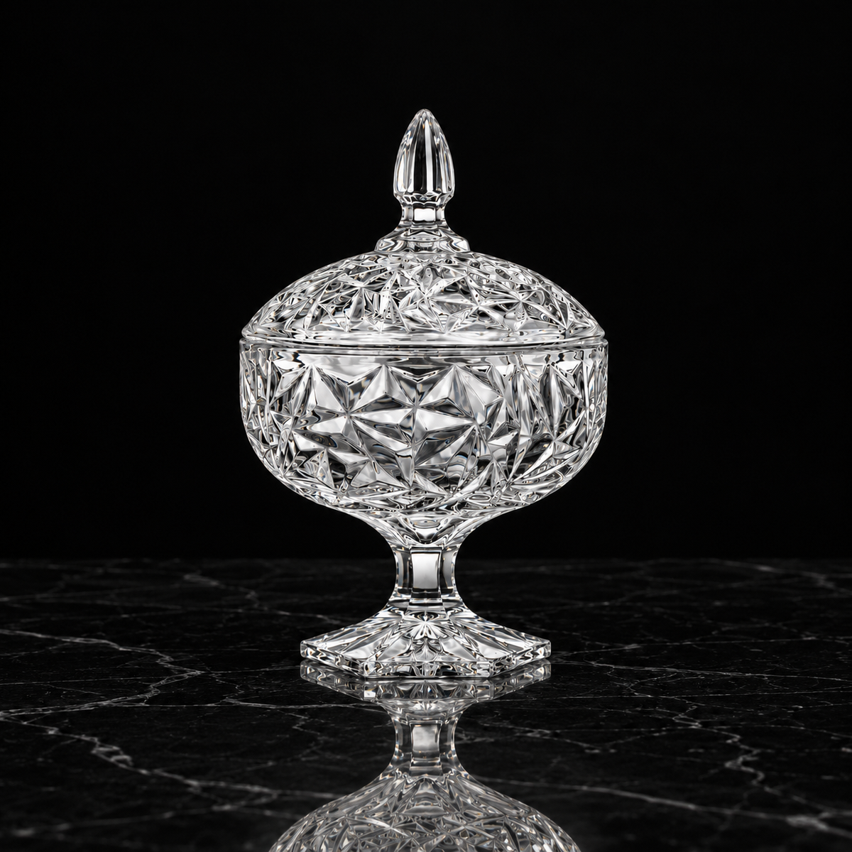 B-504 crystal candy bowl with lid on black marble