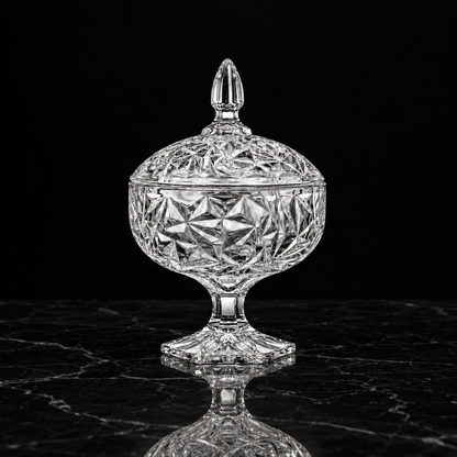 B-504 crystal candy bowl with lid on black marble