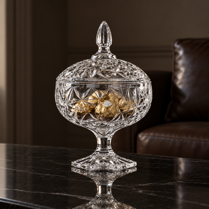 B-504 crystal candy bowl with gold-wrapped chocolates in a living room