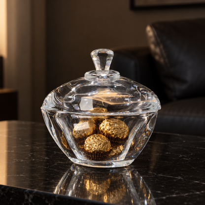 B-504 small crystal candy bowl with gold-wrapped chocolates in a living room