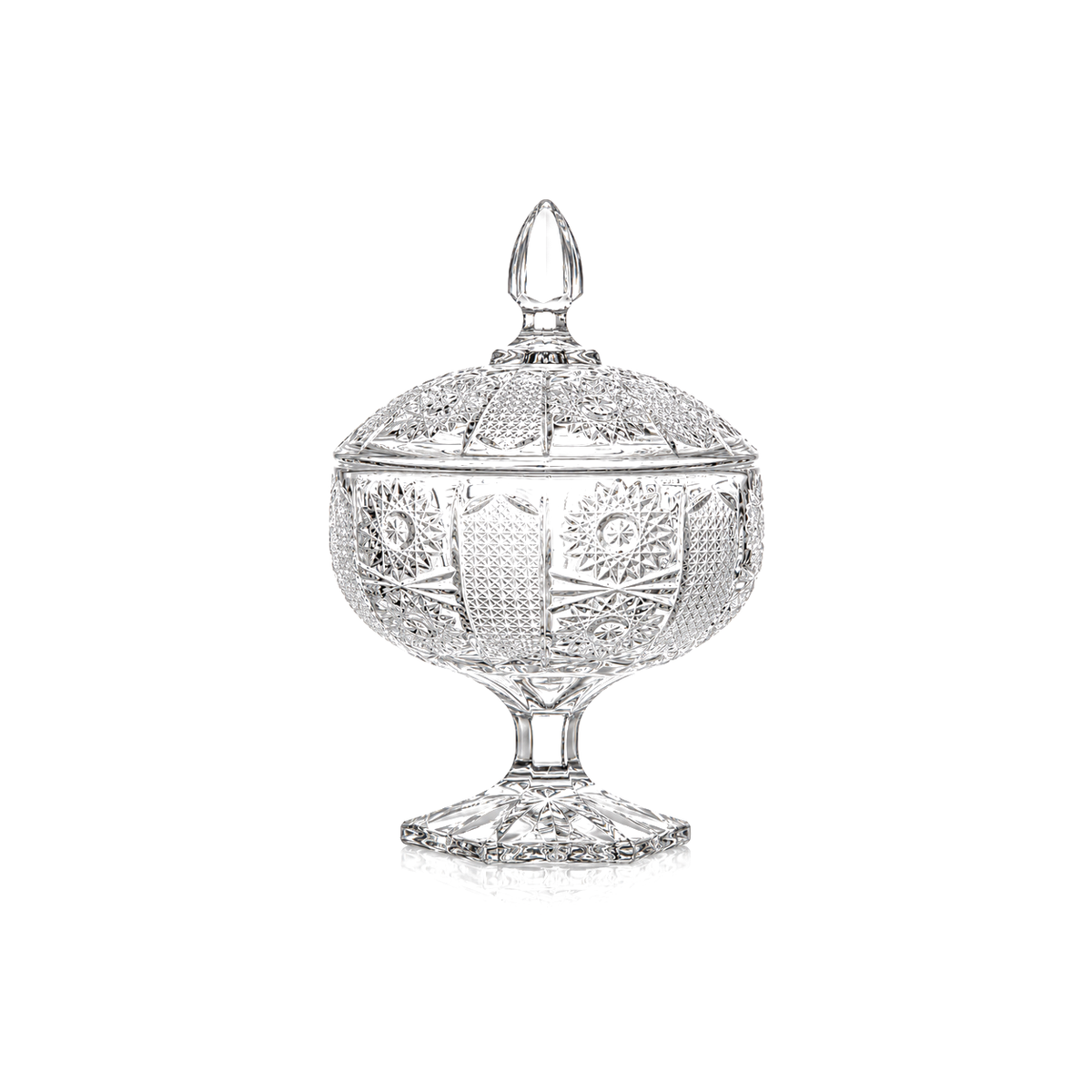 B-505 cut crystal footed candy bowl with lid on white
