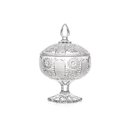 B-505 cut crystal footed candy bowl with lid on white