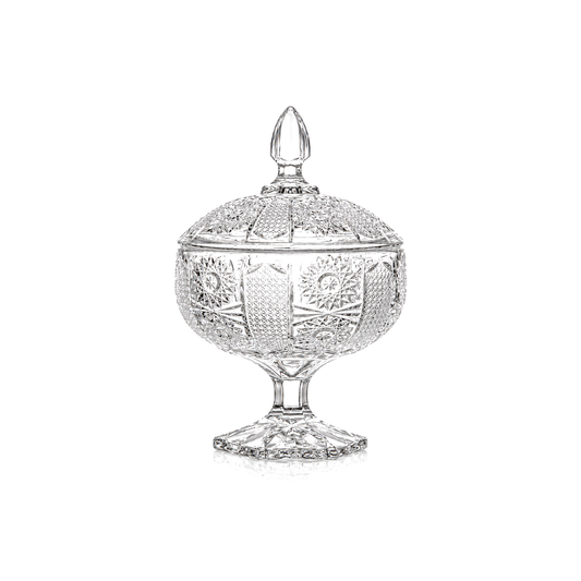 B-505 cut crystal footed candy bowl with lid on white