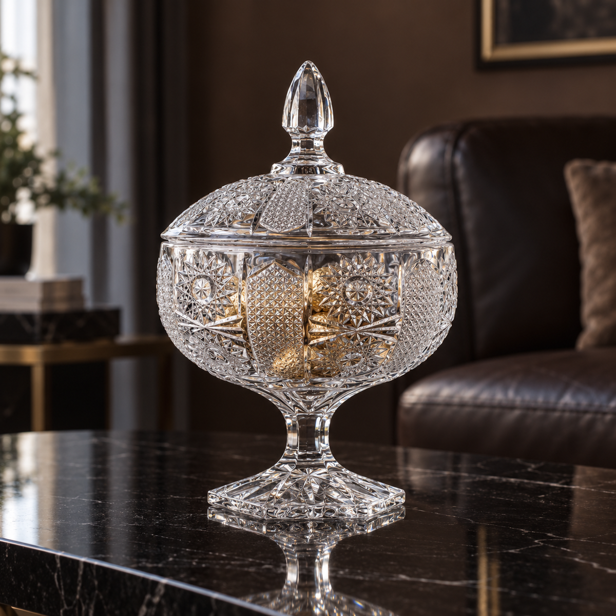B-505 candy bowl with gold-wrapped chocolates in a living room
