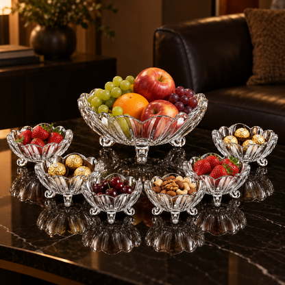 Glass bowl set with fruit, berries, nuts and chocolates