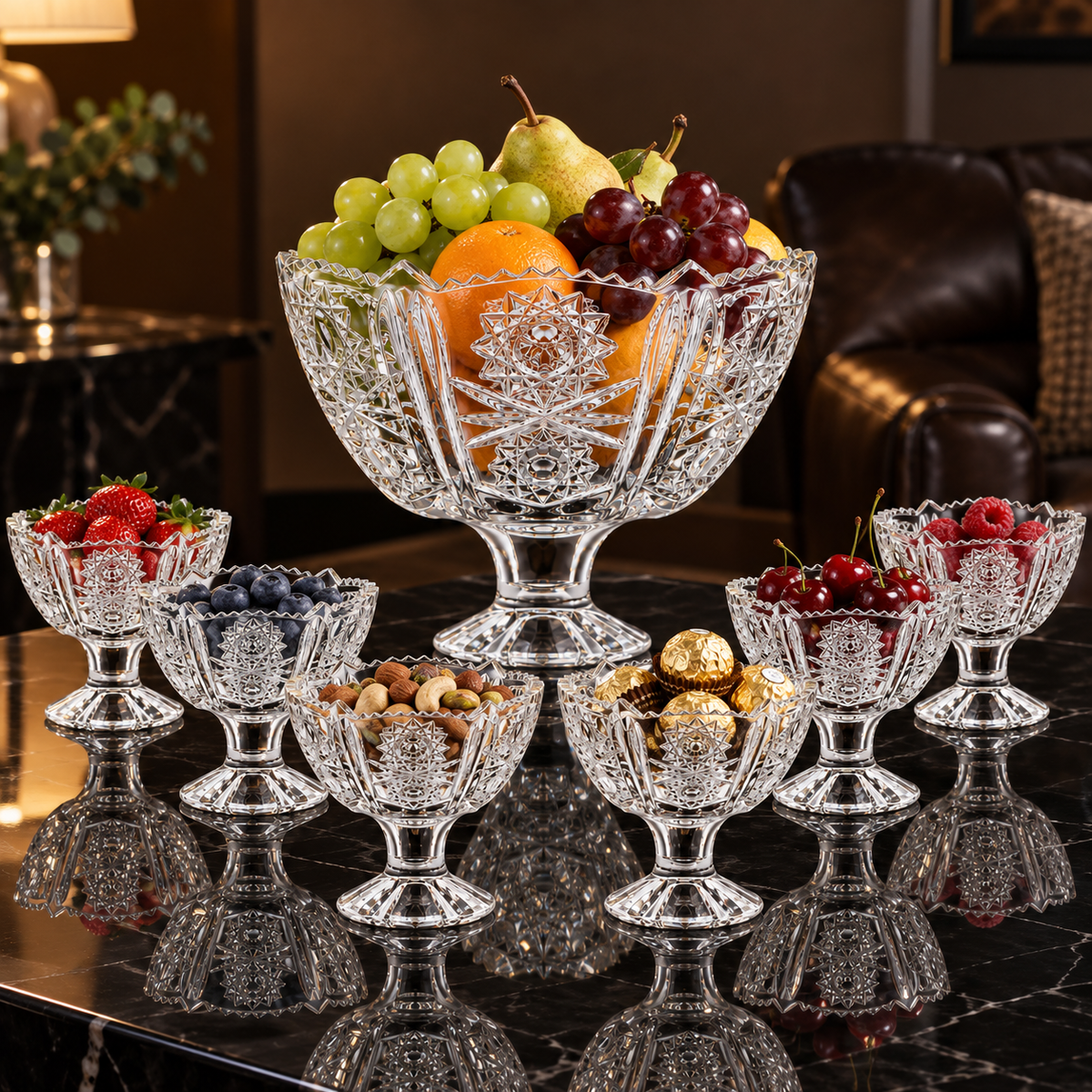 Crystal footed set with fruit, berries, nuts and chocolates