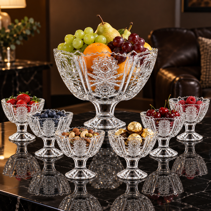 Crystal footed set with fruit, berries, nuts and chocolates